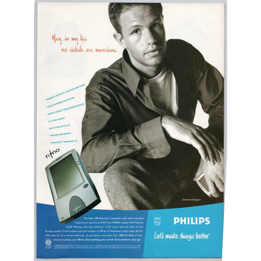 Philips Nino PDA Early Handheld Tech Microsoft Windows CE Print Ad 1998